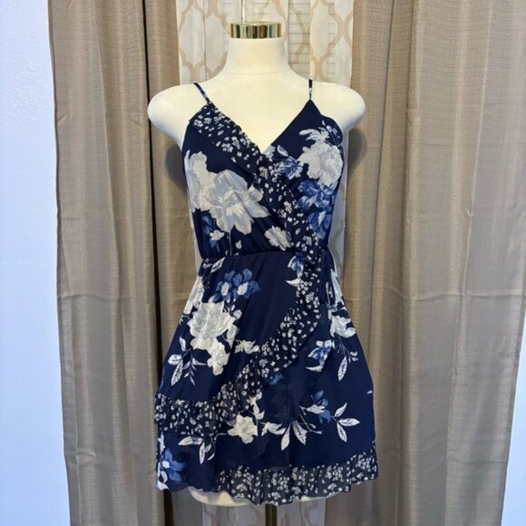 Floral Navy Blue Wrap Dress, size XS - Picture 1 of 3